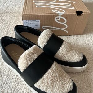 Loeffler Randall Cream Shearling and Black Leather Slip-On Loafers